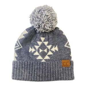Calvin Klein C.C. Womens Winter Aztec Gray Knit Beanie Hat  Pom Pom One Size